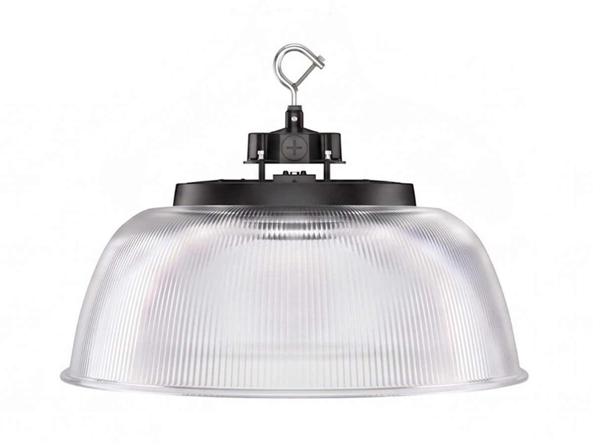 Clear ribbed dome-shaped Aries G6 led high bay ceiling light with black mounting hardware for industrial use