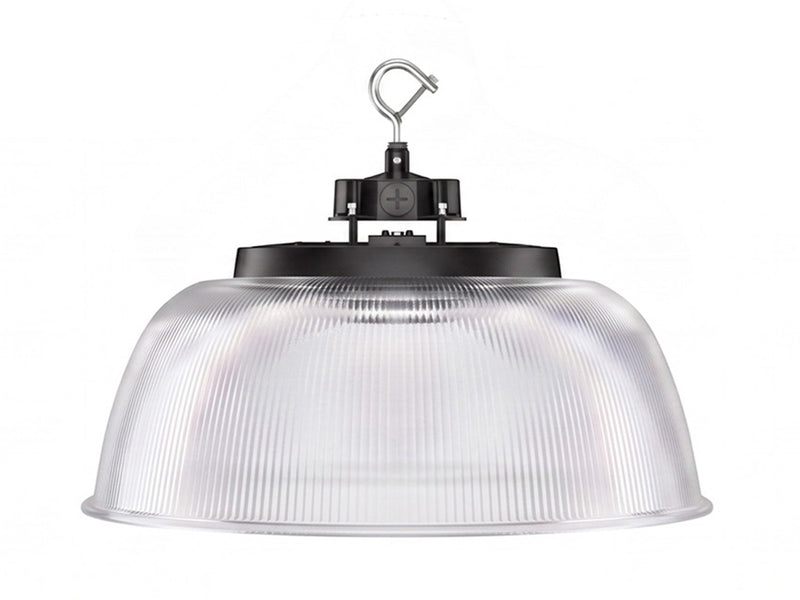 Clear ribbed dome-shaped Aries G6 led high bay ceiling light with black mounting hardware for industrial use