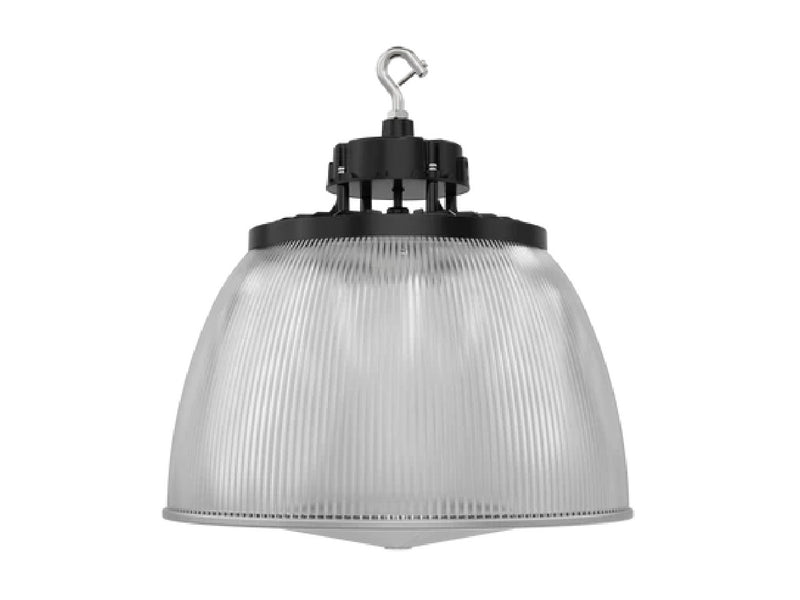 Industrial-style ufo high bay with ribbed translucent gray glass shade and black mounting hardware in black finish