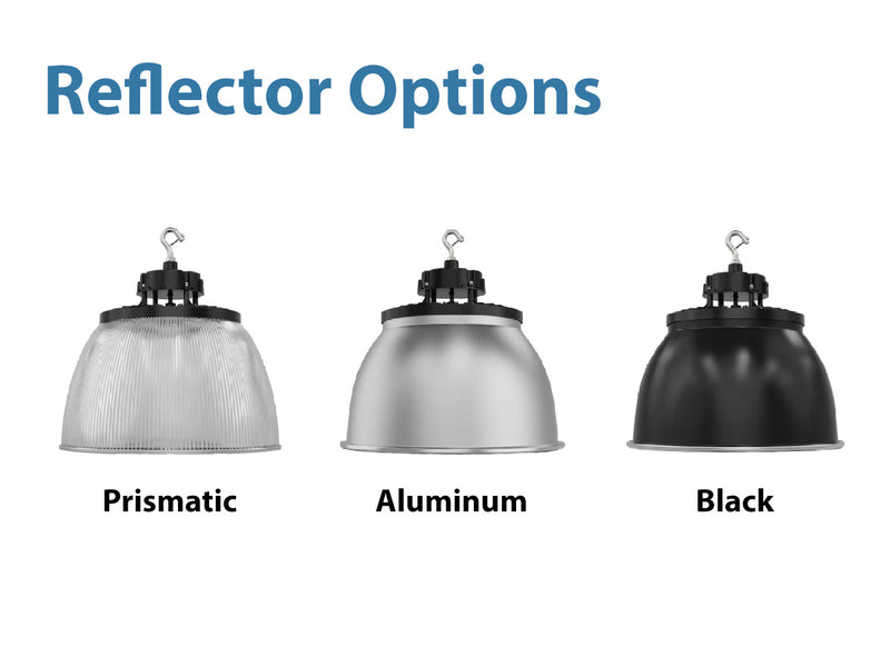 Three black finish ufo high bay lights with selectable wattage cct and reflector options for industrial use