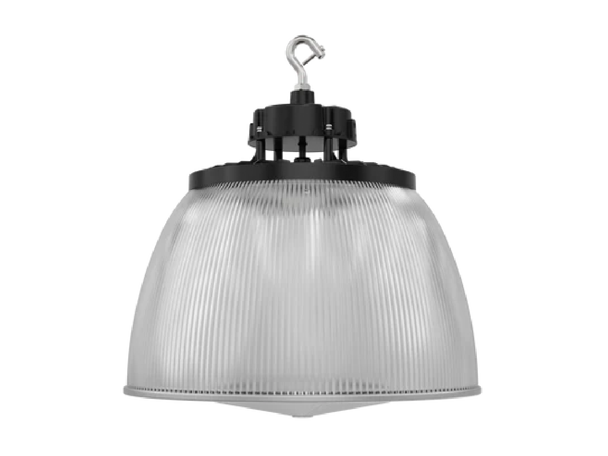 Industrial-style ufo high bay pendant light with ribbed translucent diffuser and black metal hardware for high bay use