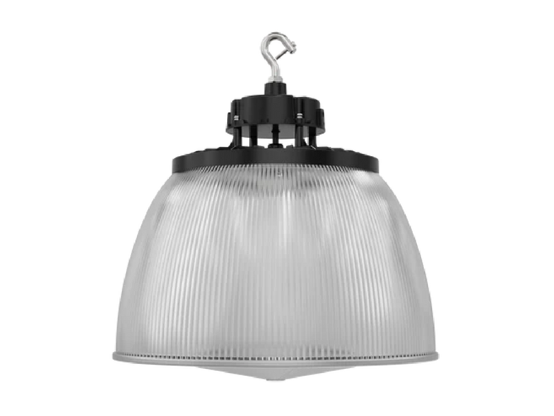 Industrial-style ufo high bay pendant light with ribbed translucent diffuser and black metal hardware for high bay use