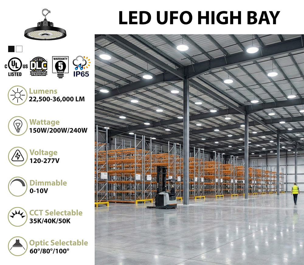 Aries G6 LED UFO High Bay, 36,000 Lumen Max, Wattage, CCT and Optic Selectable, Black Finish, Comparable to 750-1000 Watt HID Fixture, 120-277V