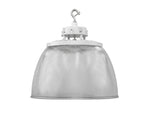 White aries g5 ufo high bay industrial pendant light with ribbed diffuser and metallic mounting hardware