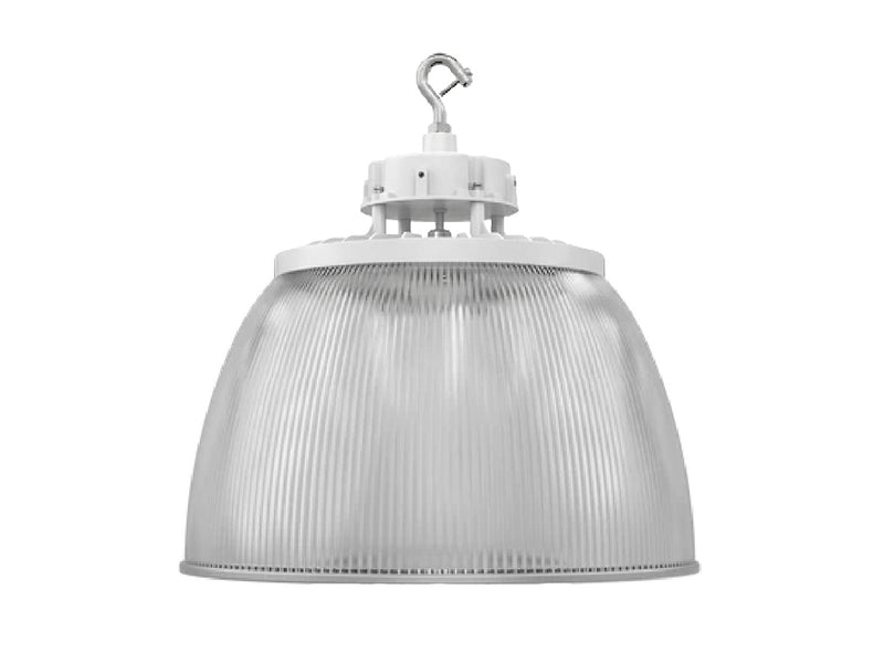 White aries g5 ufo high bay industrial pendant light with ribbed diffuser and metallic mounting hardware
