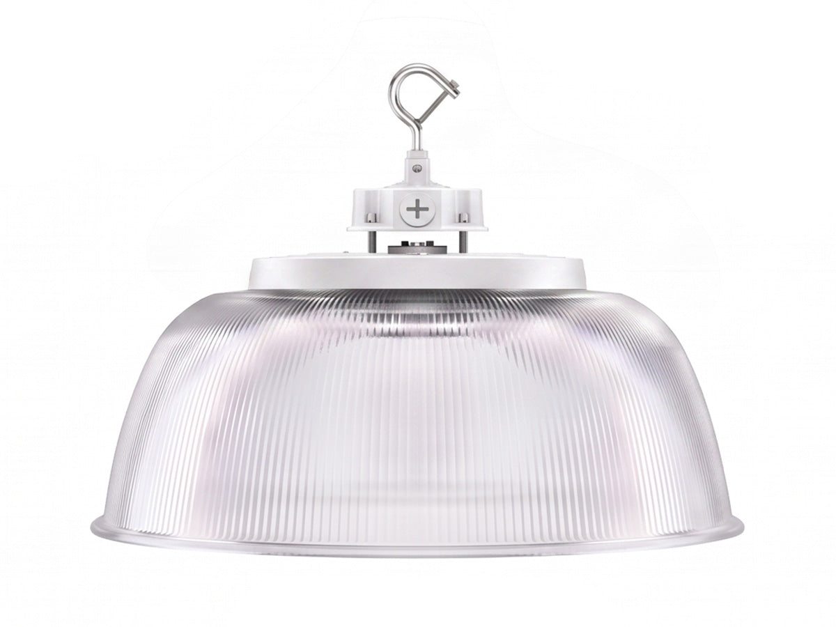 Clear ribbed plastic dome with white bracket and metal hook for aries g6 led high bay white finish