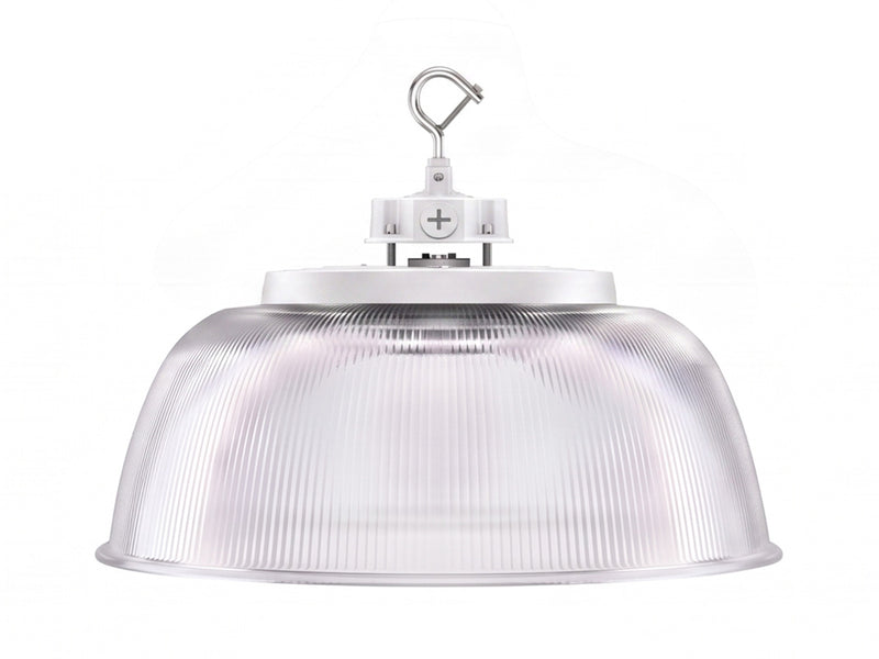 Clear ribbed plastic dome with white bracket and metal hook for aries g6 led high bay white finish