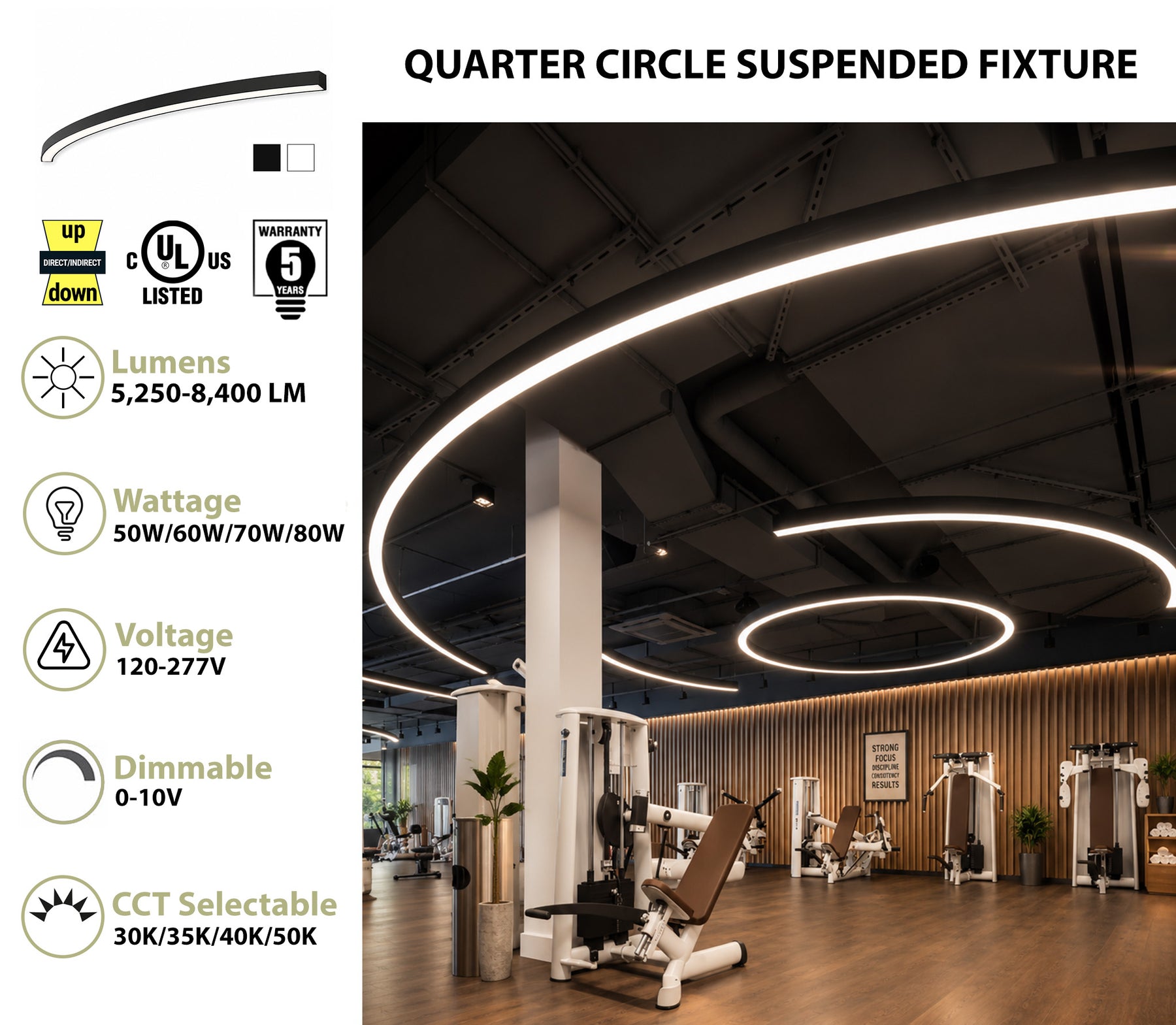 Quarter circle suspended LED light fixture shown installed in a modern gym interior, with product specs and certification icons displayed on the left side of the image.