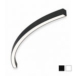 A modern curved LED wall light fixture with a matte black frame and a white illuminated diffuser, shown on a plain white background with two small color swatches in the bottom right corner.