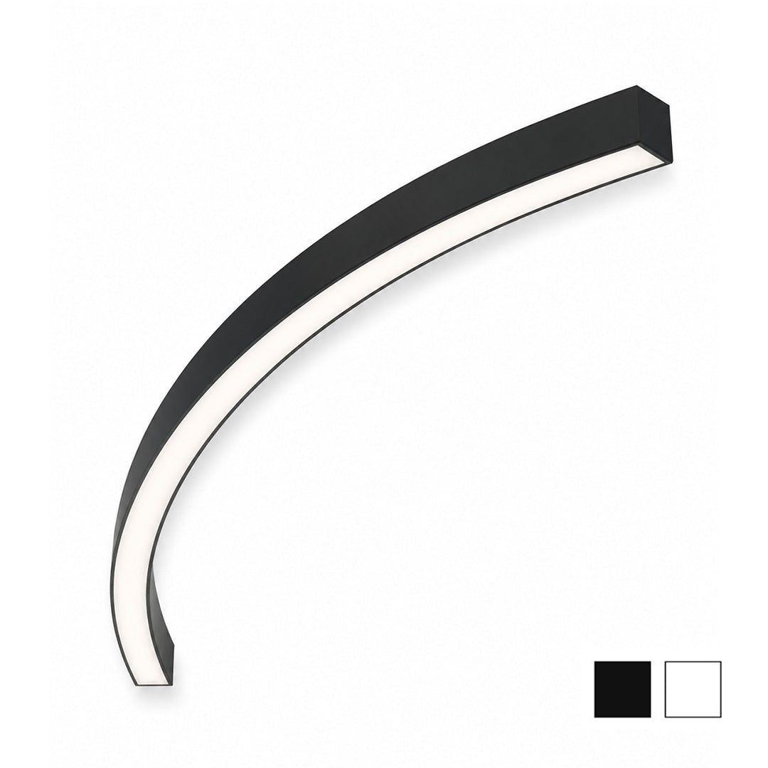 A modern curved LED wall light fixture with a matte black frame and a white illuminated diffuser, shown on a plain white background with two small color swatches in the bottom right corner.