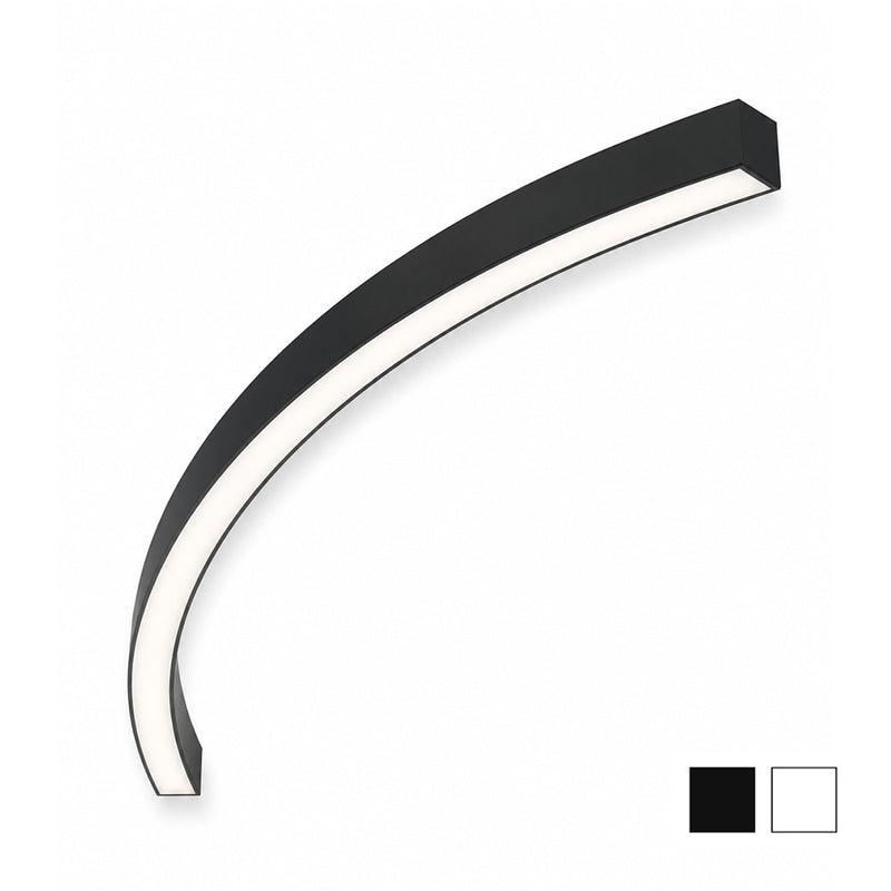 A modern curved LED wall light fixture with a matte black frame and a white illuminated diffuser, shown on a plain white background with two small color swatches in the bottom right corner.