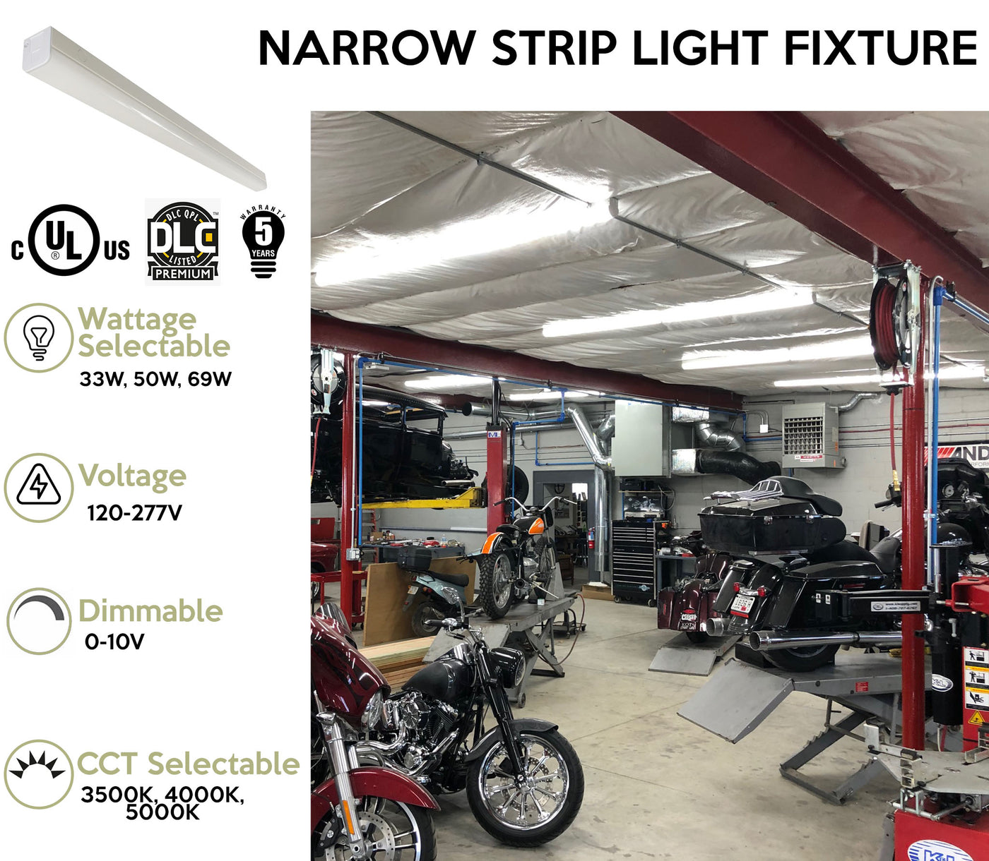 8FT LED Narrow Strip Light, Wattage and CCT Selectable, 120-277V