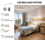 An LED bed light fixture shown installed above a hospital bed in a modern patient room, with product specs listed on the left including lumens, wattage, voltage, dimmability, and CCT selectability.