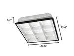 Black-framed white 2x2 foot parabolic troffer with nine illuminated led sections tube ready for t8 lamps