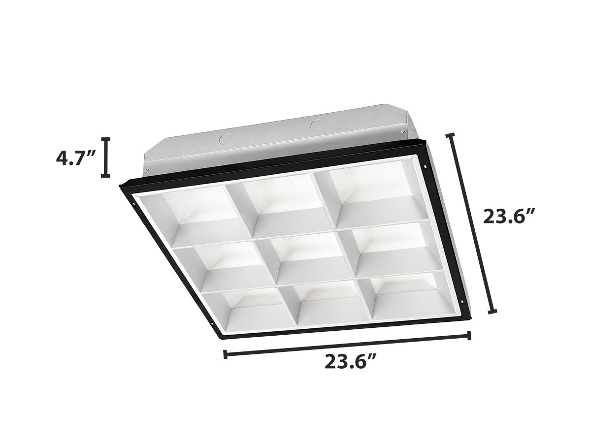 Black-framed white 2x2 foot parabolic troffer with nine illuminated led sections tube ready for t8 lamps
