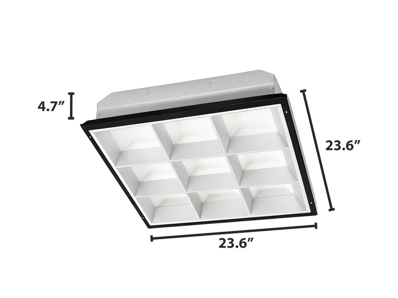 Black-framed white 2x2 foot parabolic troffer with nine illuminated led sections tube ready for t8 lamps
