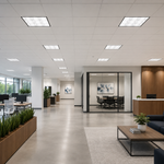 Modern office space illuminated by 2x2 foot white parabolic troffer with recessed tube ready led lighting fixtures