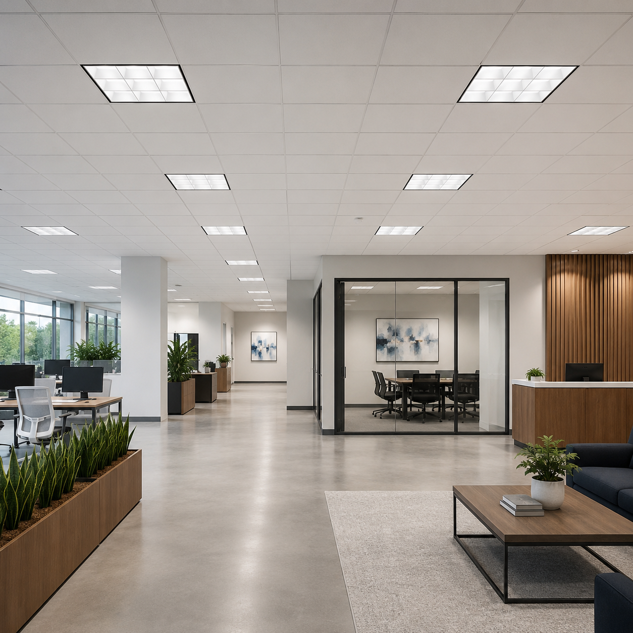 Modern office space illuminated by 2x2 foot white parabolic troffer with recessed tube ready led lighting fixtures