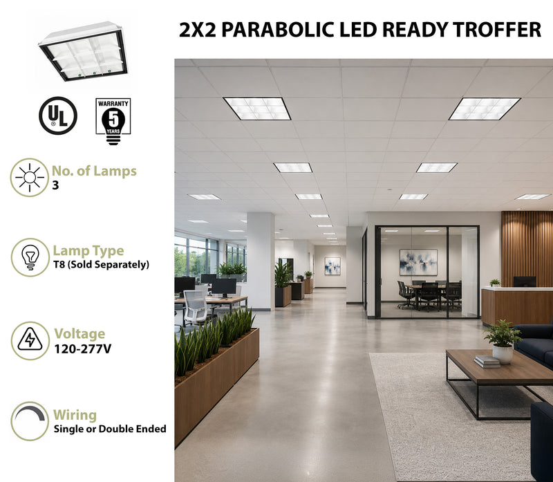 2 X 2 Foot LED Ready 9 Cell Parabolic Troffer, LED T8 Tube Ready (3 Lamps), Non-Shunted, Single/Double Ended, 120-277V