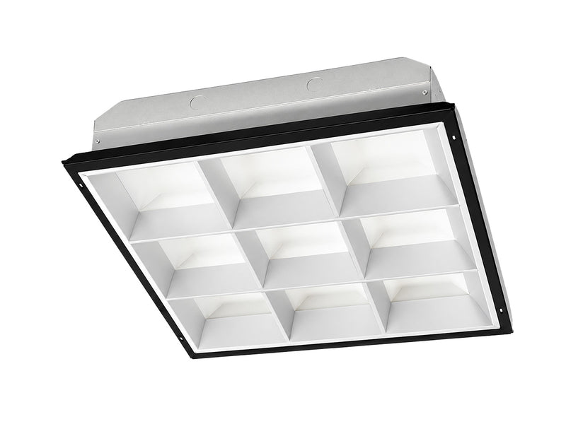 Modern 2x2 foot parabolic troffer with black frame and white diffuser tube ready for led t8 lamps