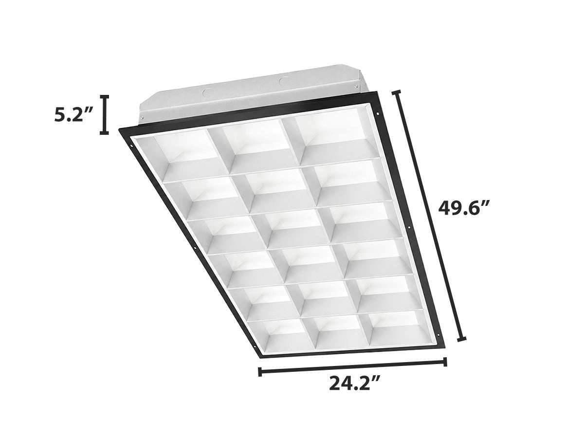 Black-framed 2x4 led parabolic panel light with 18 cell recessed lumens tube ready for led tubes use