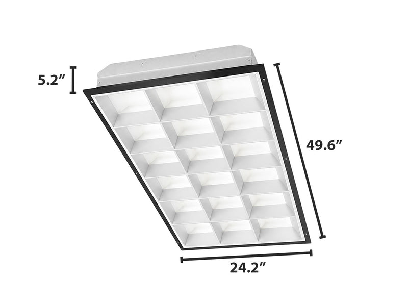 Black-framed 2x4 led parabolic panel light with 18 cell recessed lumens tube ready for led tubes use