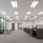 Modern rectangular 2x4 led parabolic troffer with 18 cell grid and white acoustic tile ceiling, tube ready for led tubes