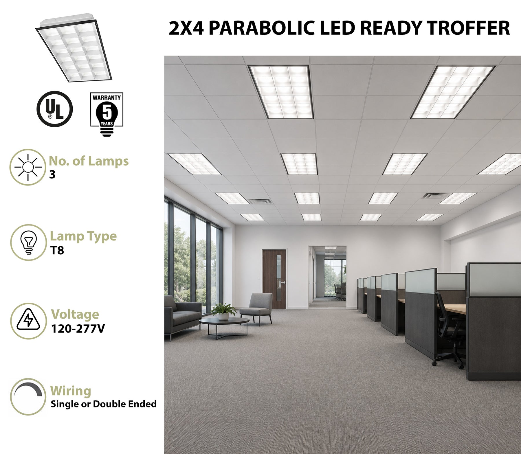 2 x 4 Foot LED Ready 18 Cell Parabolic Troffer, LED T8 Tube Ready (3 Lamps), Non-Shunted, Single/Double Ended, 120-277V
