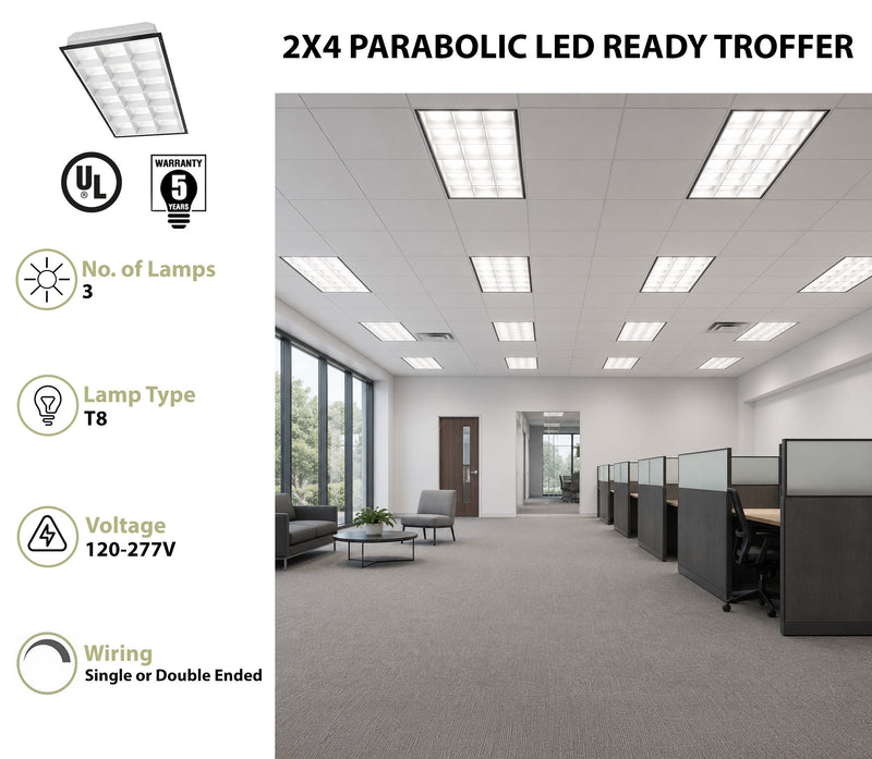 2 x 4 Foot LED Ready 18 Cell Parabolic Troffer, LED T8 Tube Ready (3 Lamps), Non-Shunted, Single/Double Ended, 120-277V