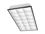 Black-framed white 2x4 led parabolic troffer with 18 cell recessed lumens tube ready for led tubes installation