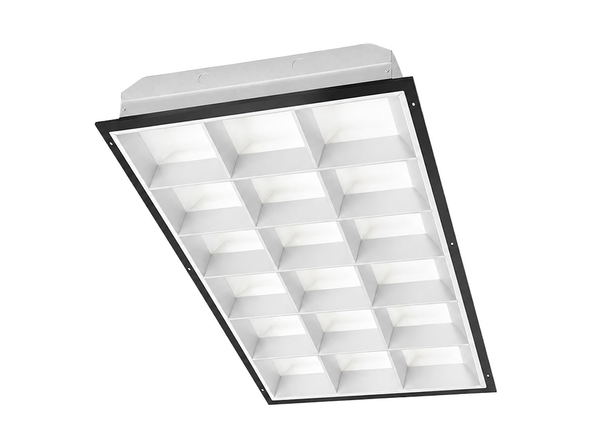 Black-framed white 2x4 led parabolic troffer with 18 cell recessed lumens tube ready for led tubes installation