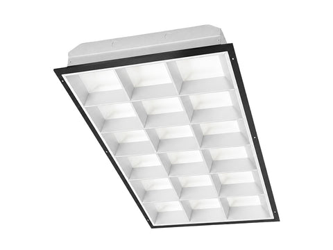 Black-framed white 2x4 led parabolic troffer with 18 cell recessed lumens tube ready for led tubes installation