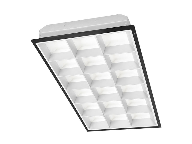 Black-framed white 2x4 led parabolic troffer with 18 cell recessed lumens tube ready for led tubes installation