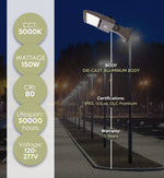 15 ft 4 Inch Square Area Lighting Pole With 4 LED 150W Slim Line Fixture (400W+ MH or HID Equivalent) and Bullhorn with 4 Tenons