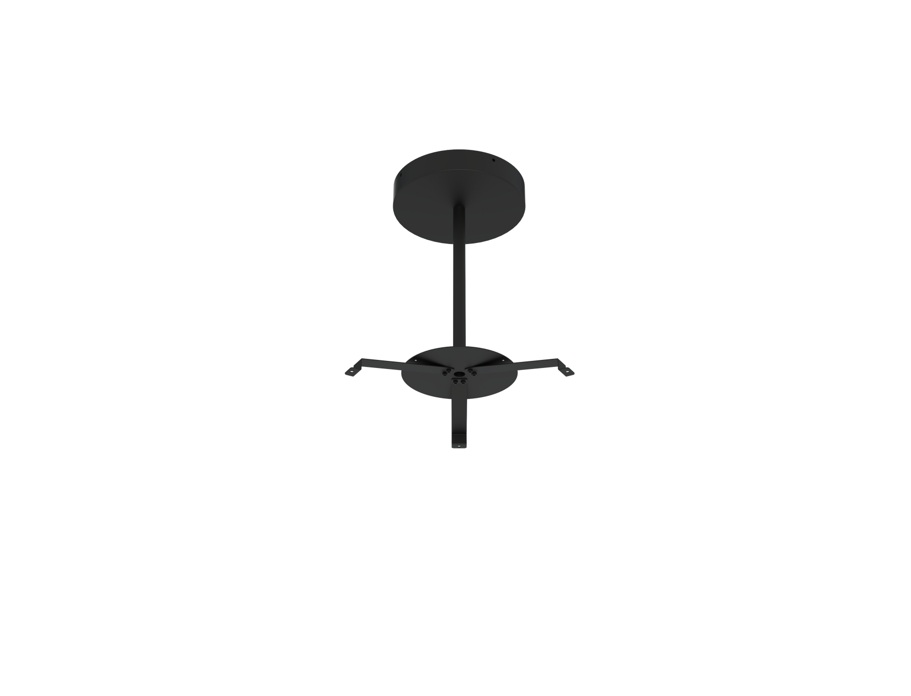 Black metal bar stool with round seat and four-legged base shown alongside led round pendant light with selectable wattage