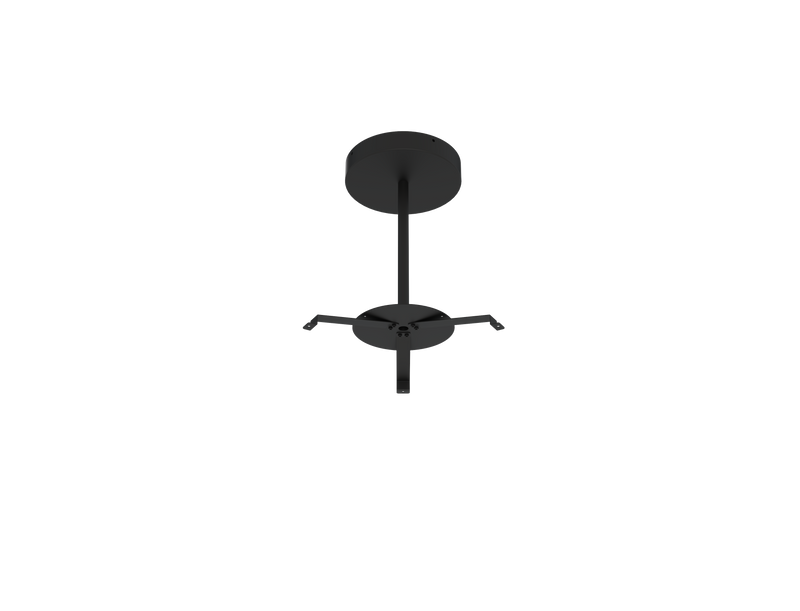 Black metal bar stool with round seat and four-legged base shown alongside led round pendant light with selectable wattage