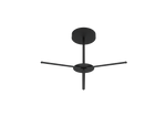 Black ceiling fan with four blades and central motor housing alongside led round pendant light in black finish