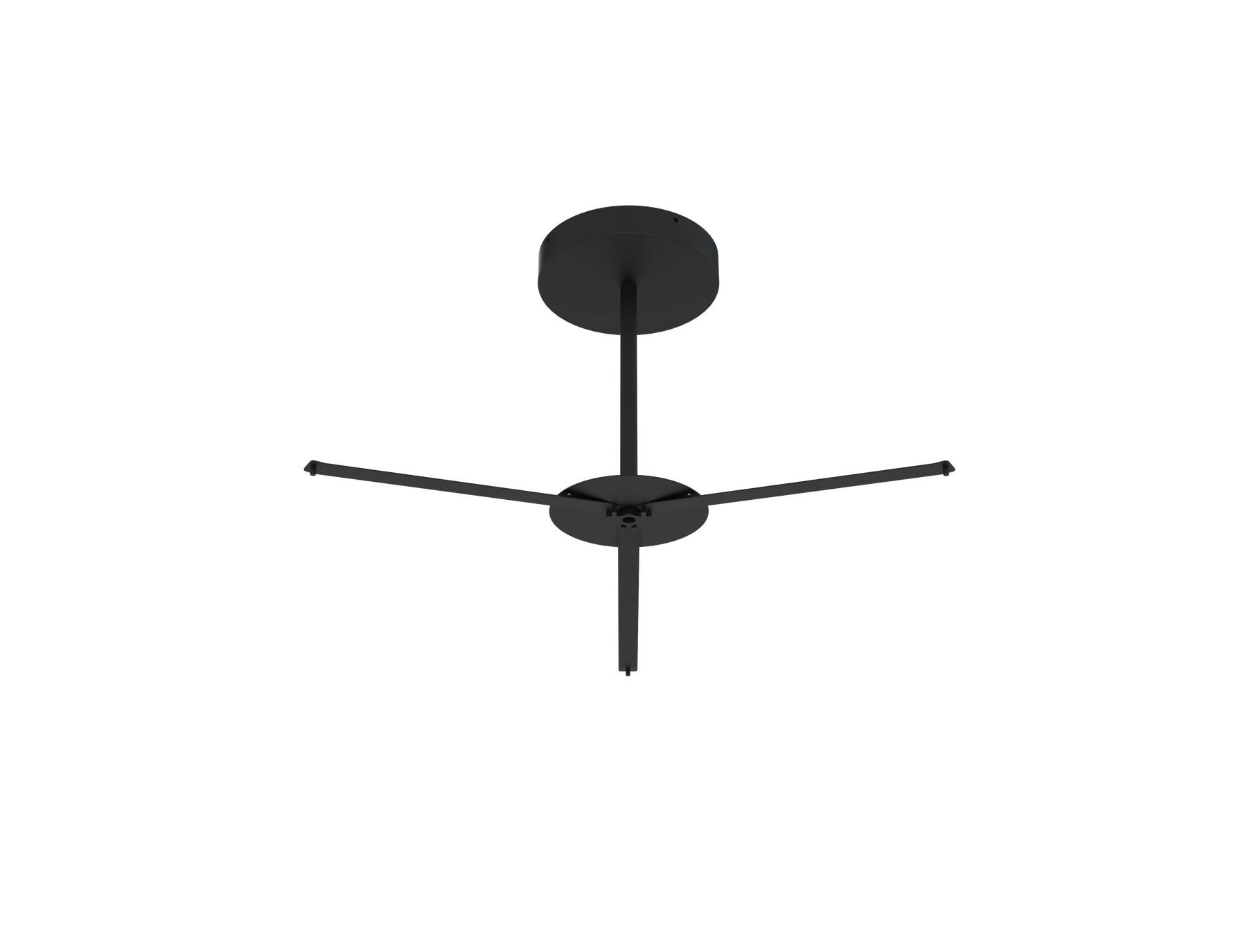 Black ceiling fan with four blades and central motor housing alongside led round pendant light in black finish