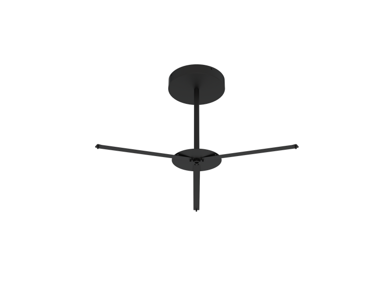 Black ceiling fan with four blades and central motor housing alongside led round pendant light in black finish