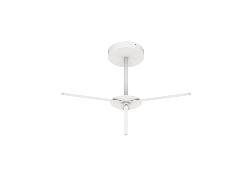 White ceiling fan with sleek minimalist design and four blades paired with 36 inch led round pendant light white finish