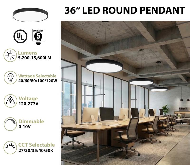 36 inch led round pendant light with sleek black frame and frosted white diffuser, selectable wattage and cct