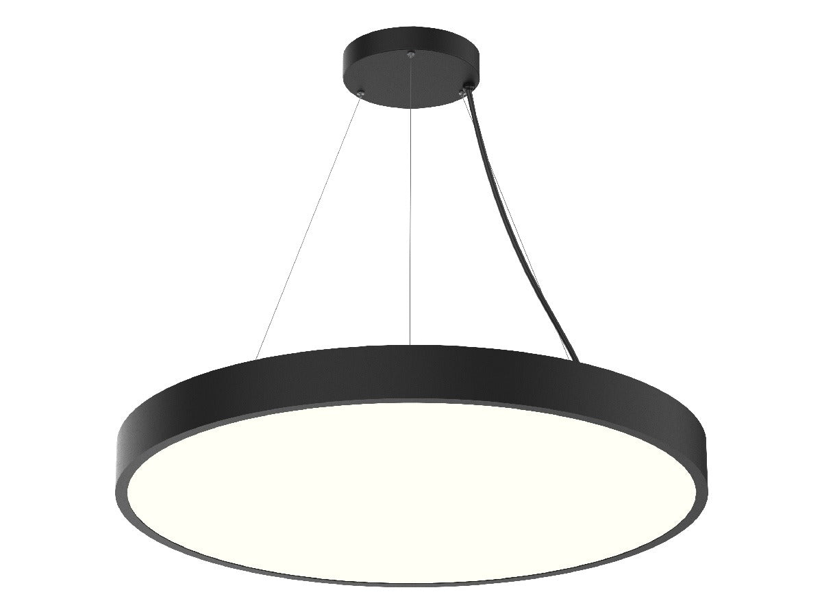 Black led round pendant light with sleek modern design and illuminated white diffuser 36 inch 15,600 lumen max