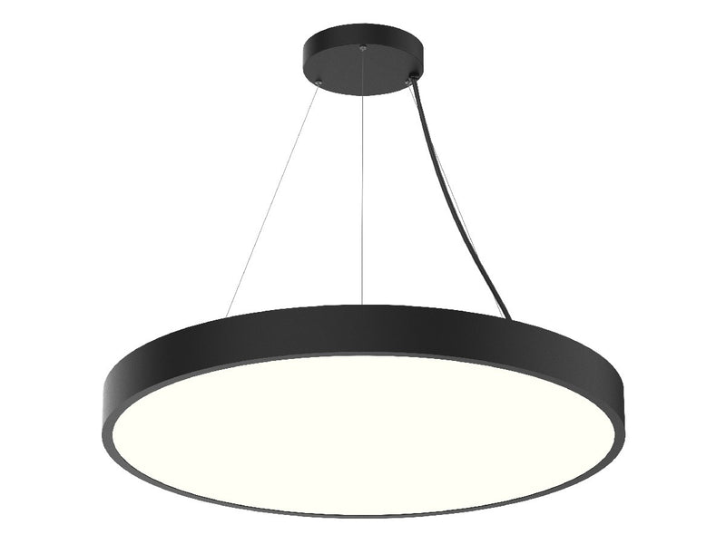Black led round pendant light with sleek modern design and illuminated white diffuser 36 inch 15,600 lumen max