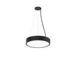 Modern black led round pendant light with sleek metallic chain and diffused white illumination for indoor use