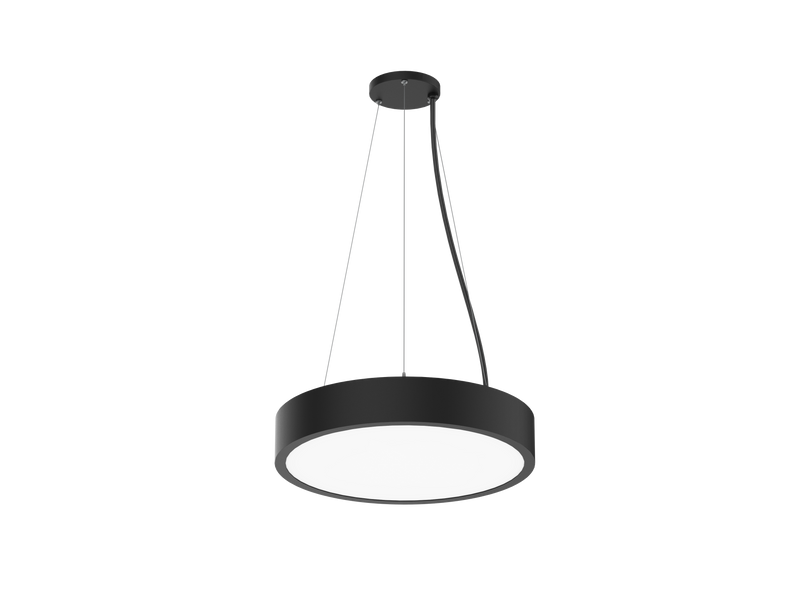 Modern black led round pendant light with sleek metallic chain and diffused white illumination for indoor use