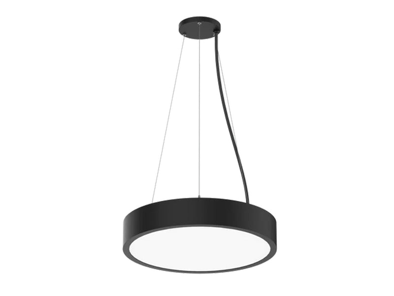 18" LED Round Pendant Light, 4550 Lumen Max, Wattage and CCT Selectable, 120-277V, White or Black Finish, Lens