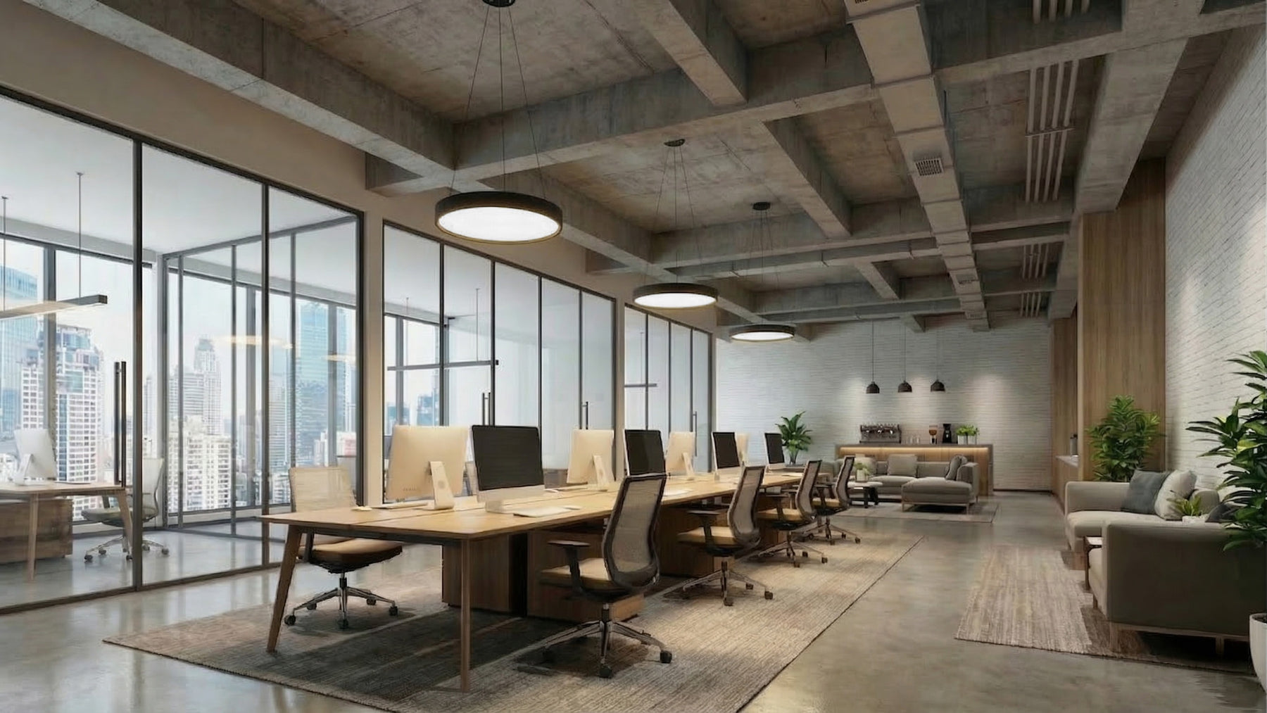 Modern minimalist office with led round pendant light 18 inch 4550 lumen selectable wattage white or black finish