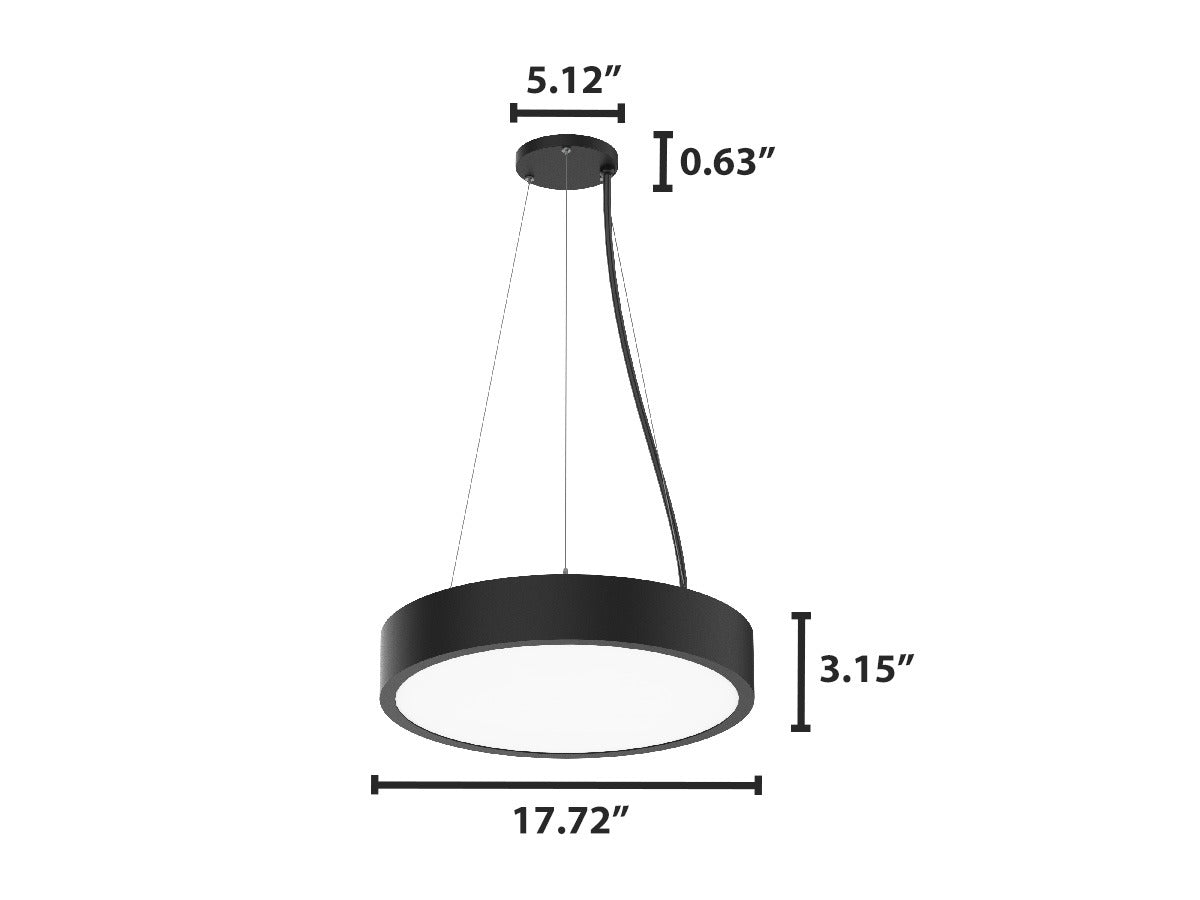 Black led round pendant light with 18 inch sleek modern minimalist design and selectable wattage and cct options