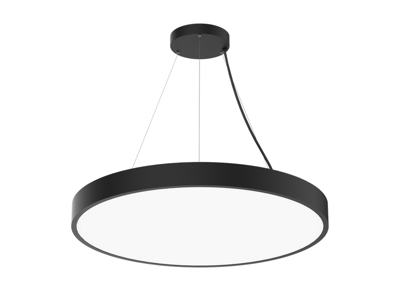 Modern black led round pendant light with sleek minimalist design and bright white illuminated center 36 inch size