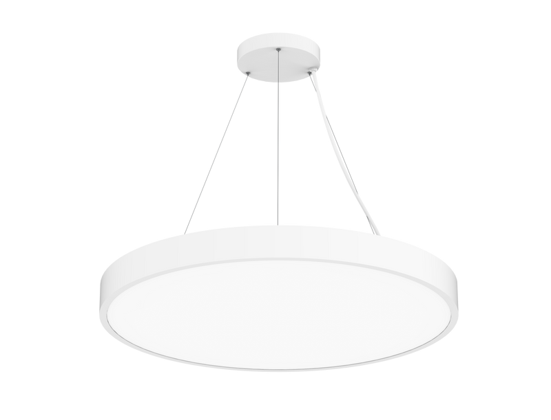 Modern white led round pendant light with chrome suspension chains and selectable wattage and cct in sleek design